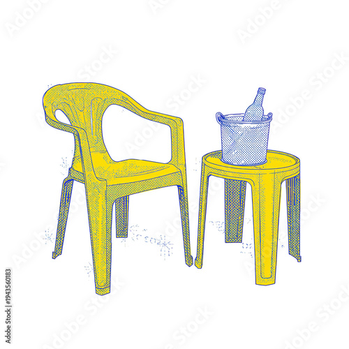 Yellow chair and table with a basket on a black background