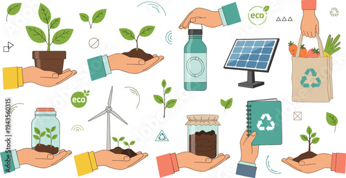 Set of hands holding ecological symbols including solar panel wind turbine recycled bag plants and compost flat vector