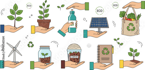 Hands holding eco friendly objects including solar panel wind turbine plants recycled bag and compost bin flat vector