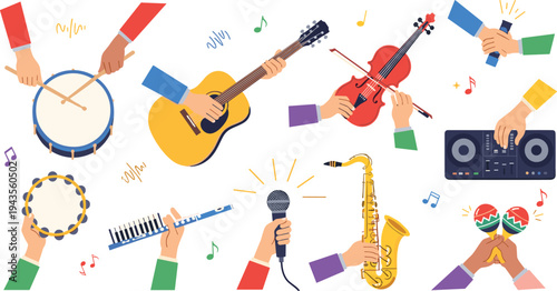 Hands playing various musical instruments including guitar violin drums saxophone microphone and dj mixer flat vector