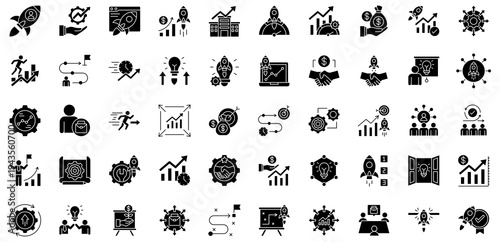 Business Accelerator glyph style icon collection. Vector illustrations. Startup Rocket, Fast Growth Arrow, Speedometer Success, Acceleration Gauge. Pro Vector
