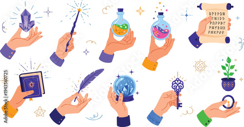 Magic hands holding mystical objects collection including crystal ball potions wand spell book and alchemy icons flat vector