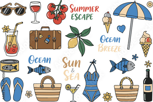Coastal European Summer Travel Holiday, Illustration Doodle Cartoon Collection