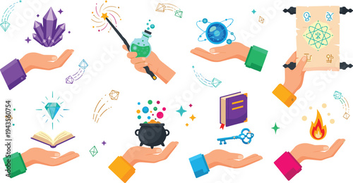 Collection of magic hands holding mystical items including crystal cauldron magic wand spell book scroll and flame flat vector