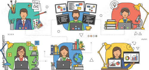 Diverse remote professionals working from home offices including doctors designers and data analysts in flat vector illustration style