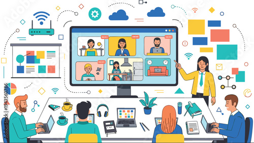 Professional online business conference and remote team collaboration vector illustration featuring people in video meeting and digital networking