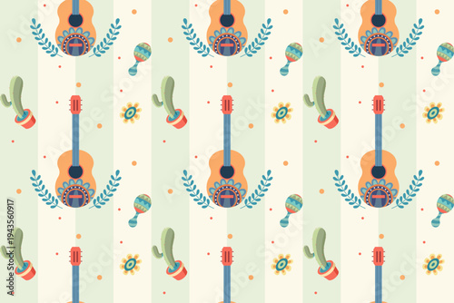Seamless pattern with guitar and cactus for textile and wallpaper template