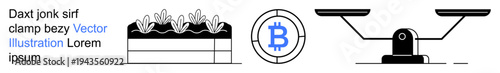 Finance, digital currency, agriculture, technology, economics, blockchain. Line art of crops, Bitcoin symbol and scales. Finance and digital currency concept ion