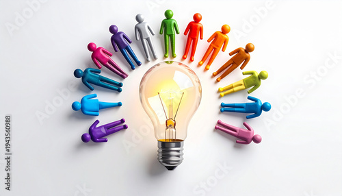 Colorful human figures surrounding glowing lightbulb on white background