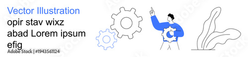 Business strategy, teamwork, progress, system optimization, productivity, mechanical structure. Person holding a gear with additional gear icons. Teamwork and productivity concept