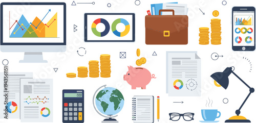Business and finance vector collection featuring data analytics charts money coins piggy bank office supplies and financial growth icons