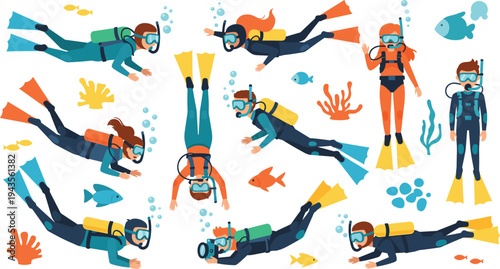 Scuba diving vector collection featuring divers swimming underwater with fish coral reefs oxygen tanks and snorkeling gear for adventure travel