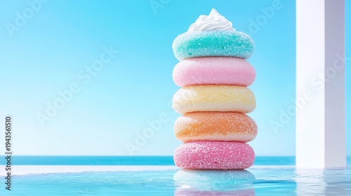 Stack of brightly colored sugary confections tops a column near vibrant blue water