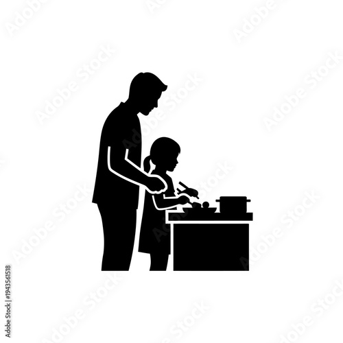 Father teaching child to cook.