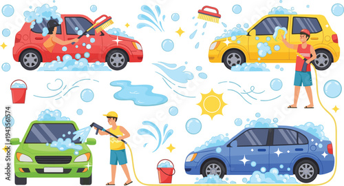 Vibrant car wash service illustration featuring characters washing red yellow green and blue vehicles with soap suds and water