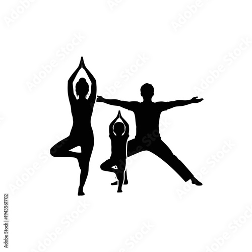 People doing yoga poses together outside.