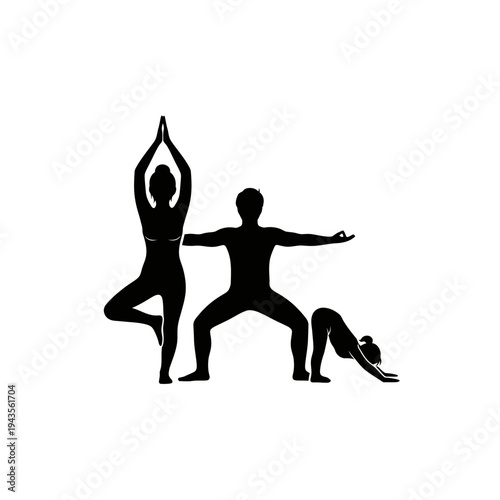 People doing yoga poses together outside.