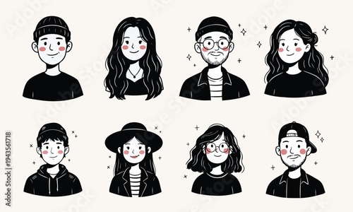 Set of Eight Diverse Hand Drawn Minimalist Character Avatars and Portraits