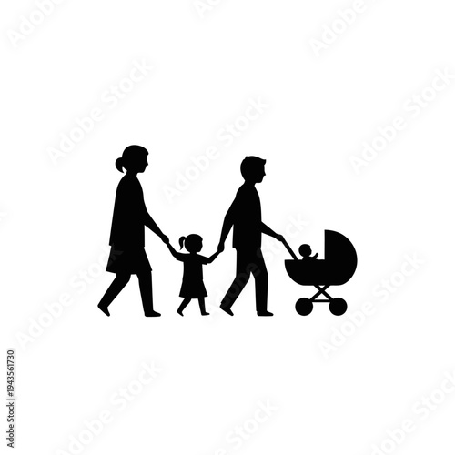 Family walking with baby stroller.