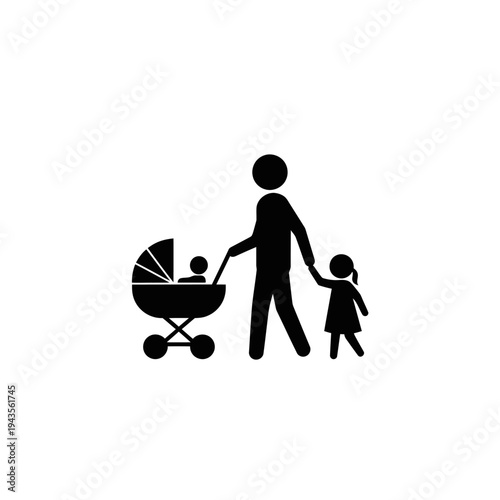 Family with baby stroller and child.
