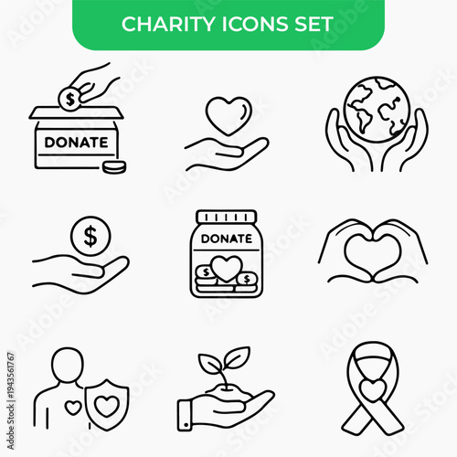 Charity Icons: A collection of simple yet powerful outline icons representing various aspects of charity, from donating money to showing care and love for humanity.