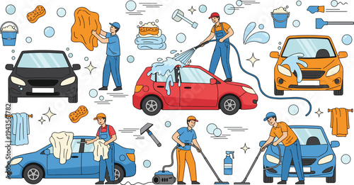 Auto detailing and car wash service icon set featuring professional workers vacuuming rinsing and drying vehicles in flat vector style