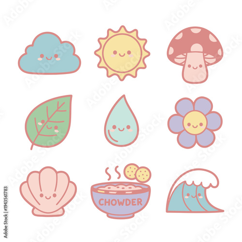 Adorable Kawaii Nature Icons A Sweet Collection of Weather, Flora, and Fauna Elements for Whimsical Designs