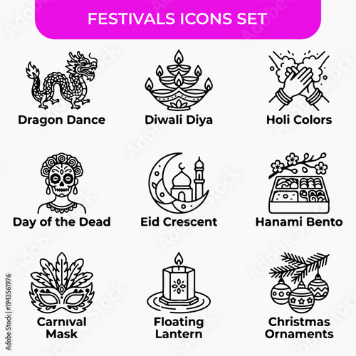 Festival Icon Set: A comprehensive collection of iconic symbols representing diverse cultural celebrations, perfect for thematic design projects.