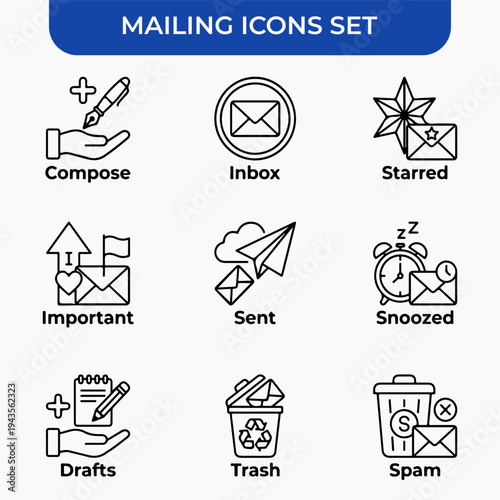 Mailing Icons Set: This image features a comprehensive suite of mailing icons, perfect for representing diverse aspects of communication and correspondence.