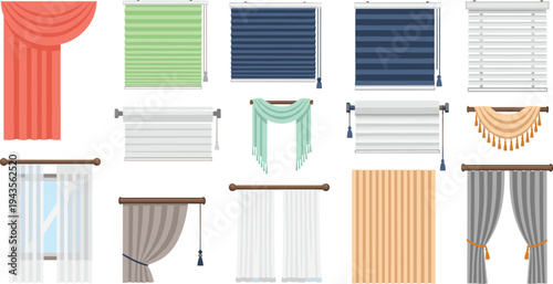 Window curtains and blinds vector collection featuring various styles including roller shades drapes valances and shutters for interior decor