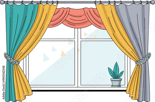 Elegant interior window vector illustration with luxury multi colored curtains valance decorative house plant and bright home decor