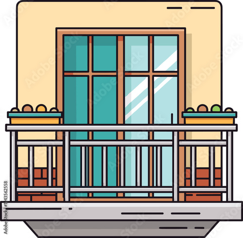 Modern residential balcony vector illustration with glass sliding doors metal railing brick accents and architectural building facade elements