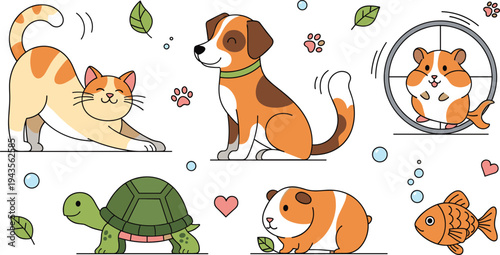 Cute pet animals vector collection featuring dog, cat, hamster on wheel, turtle, guinea pig, and goldfish in flat style