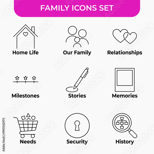 Family Icons Set: A carefully crafted set of family icons, each representing a facet of family life, offering a visual vocabulary for the concepts of home, relationships, memories and more.