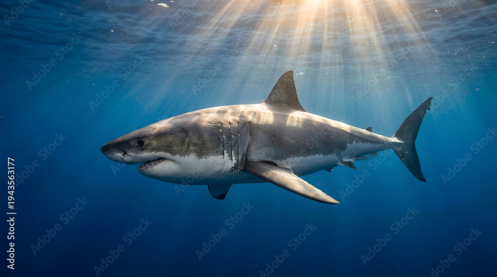 Fototapeta premium Powerful Great White Shark Gracefully Swims Underwater Illuminated by Beautiful Sun Rays