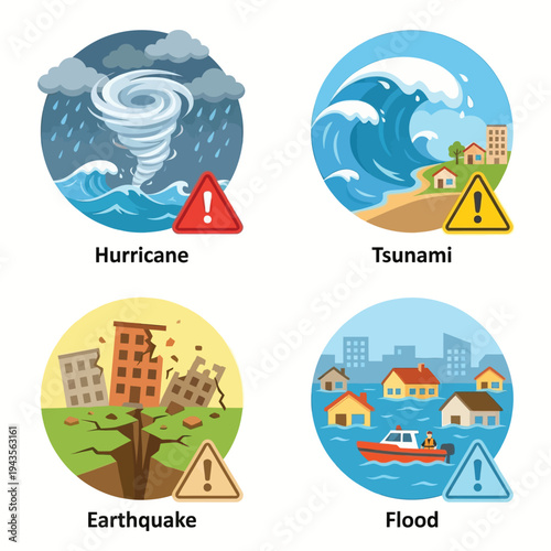 Set of Natural Disaster Icons Hurricane Tsunami Earthquake and Flood Illustration