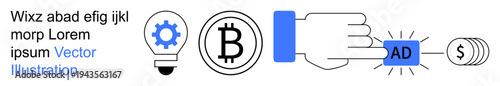 Digital marketing, cryptocurrency, innovation, finance, payment systems, advertising technology. Lightbulb and Bitcoin symbol alongside a hand pressing an ad button. Digital marketing