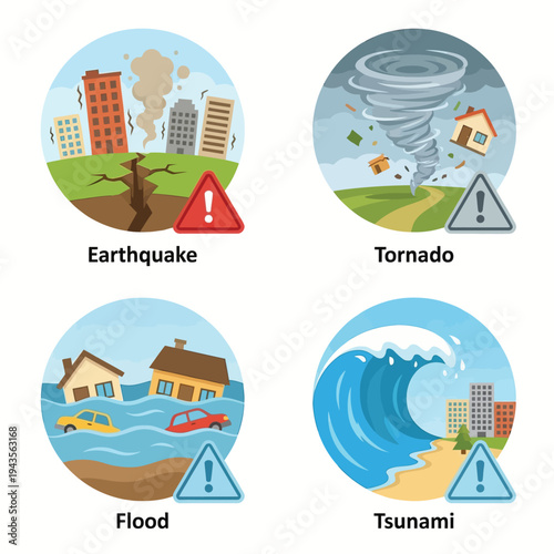 Set of natural disaster icons depicting earthquake tornado flood and tsunami