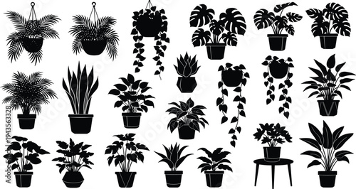 Black indoor potted plants silhouette collection set isolated on white background, hanging and house plants decor, botanical foliage, cad drawing flat vector illustration