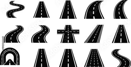 Black road and highway silhouette icon set with straight curved intersections isolated on white background, cad drawing flat vector illustration