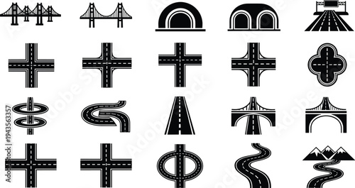 Black road infrastructure icon set with bridges tunnels highways intersections isolated on white background, cad drawing flat vector illustration