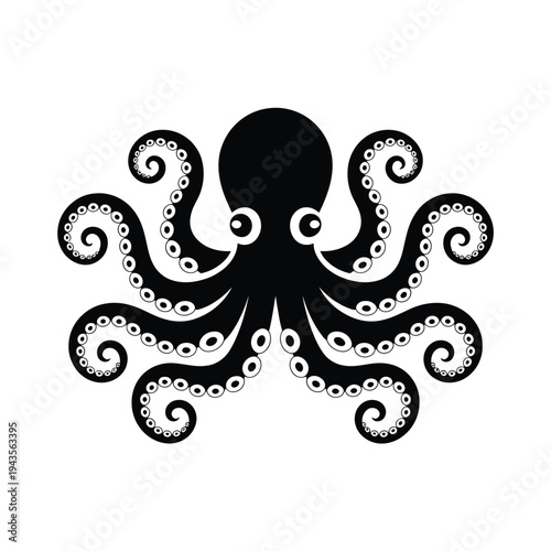 Stylized black octopus illustration with swirling tentacles and circular details
