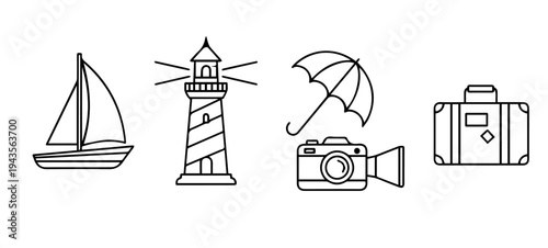Minimalist summer and beach vacation outline icon set, vector thin line elements.