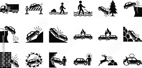 Car accident icon set with road crash fire collision danger emergency traffic warning silhouette vector illustration collection