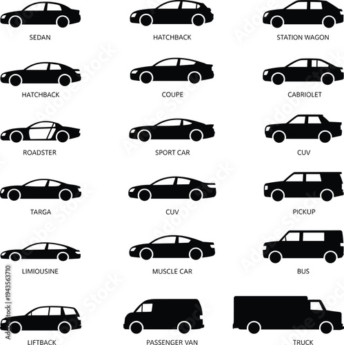 Car body type silhouettes collection, sedan hatchback coupe suv pickup bus van limousine black vehicle icons set