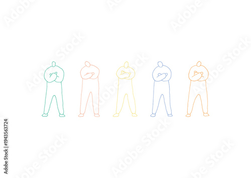 腕組みをする人物や首を傾げる人物のゆるいカラフルな手描きイラストセット