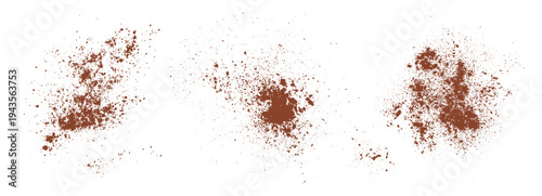 Brown spice dust particles with grunge texture. Overlay elements for food design. Horizontal set of cinnamon powder splatters isolated on white background.