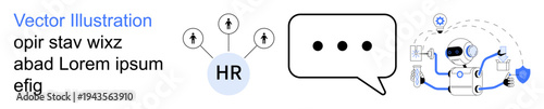 Human resources, automation, communication, workflow optimization, teamwork, efficiency. HR icon with connected nodes, speech bubble robot with shield. Human resources and automation concepts