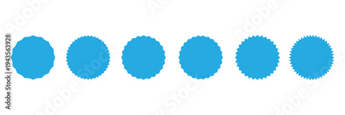 Wavy edge promo red starburst set. Zig zag edge silhouette circle design for price tag, label, sales sticker. Flat vector icon set isolated on whit