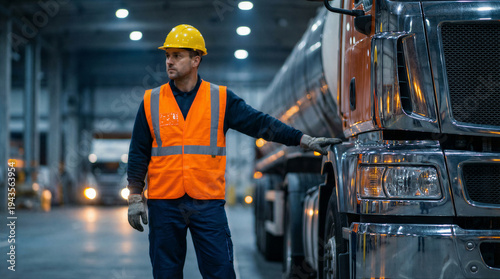 Wallpaper Mural A dedicated truck driver in safety gear stands proudly next to his large industrial tanker truck. Torontodigital.ca